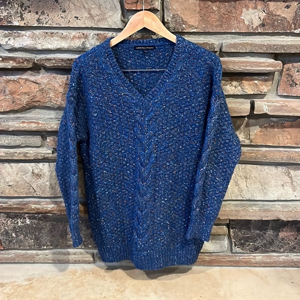 Adrienne Vittadini Blue Speckled V-Neck Knit Sweater